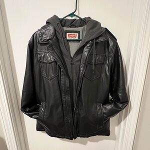 Levi's® Faux Leather Trucker with Jersey Hood and Sweatshirt Lining Black LG